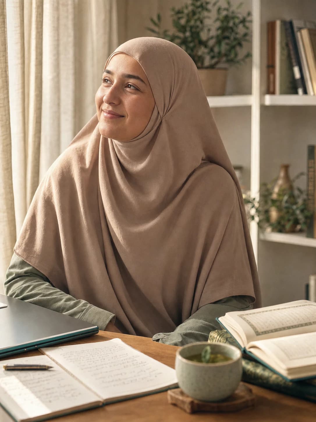Lernende mit Khimar am Schreibtisch mit geöffnetem Mushaf, Notizbuch, Laptop und Tee