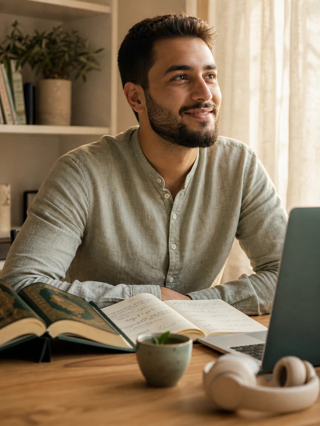 Lernender am Schreibtisch mit geöffnetem Mushaf, Notizbuch, Laptop und Kopfhörern