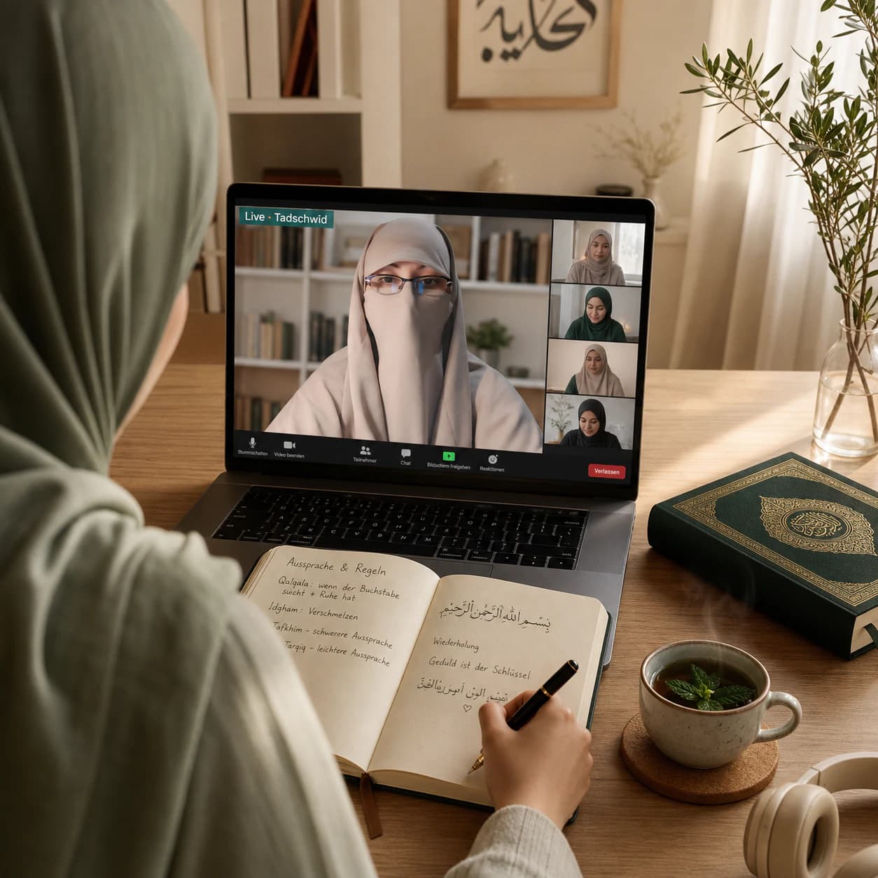 Lernende im Live-Unterricht – Notizen, Mushaf, Live-Klasse auf dem Laptop